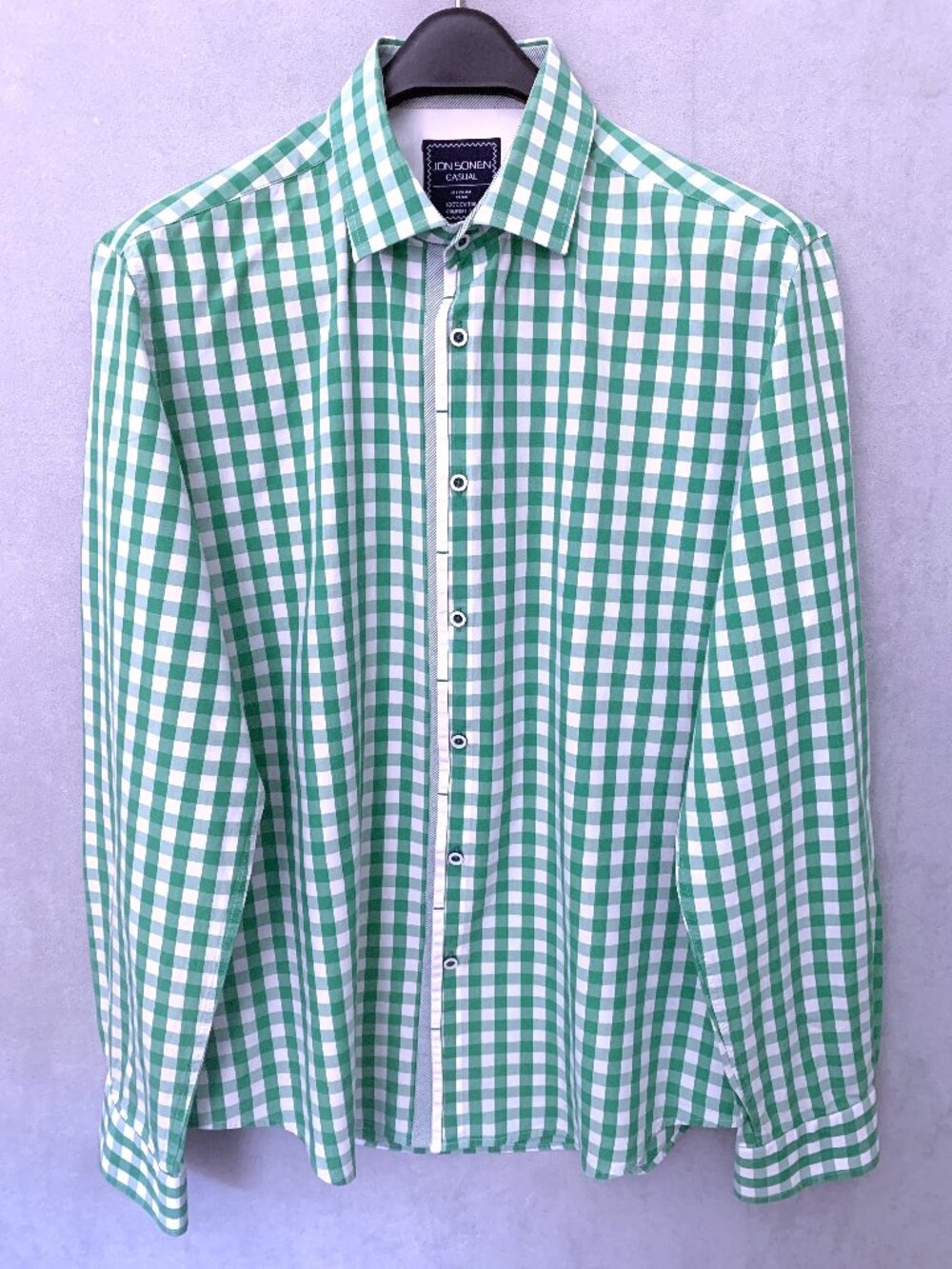 Jon Sonen Casual 100% Cotton Green Check Dress Shirt | Size Medium